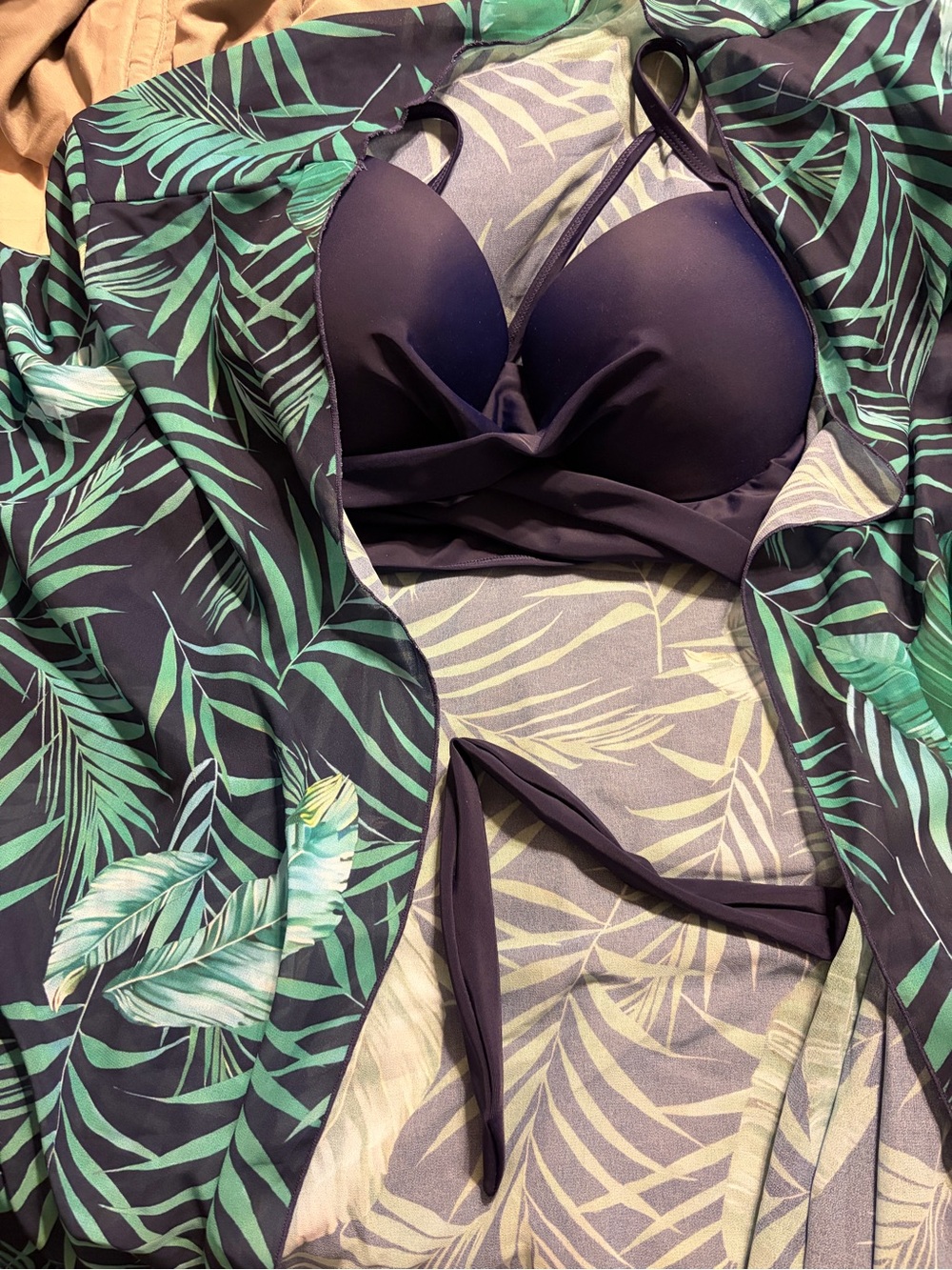 Navy Bikini Top with Tropical Print Cover-Up